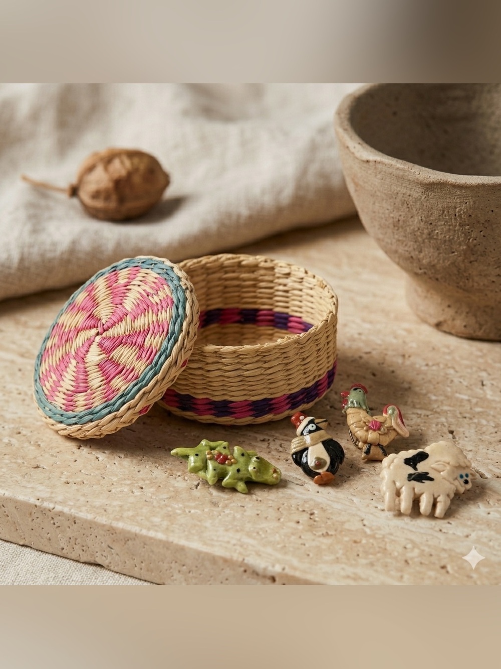 Vintage Folk Art Bundle: Miniature Woven Basket & 4 Artisan Masa Miga Pins
